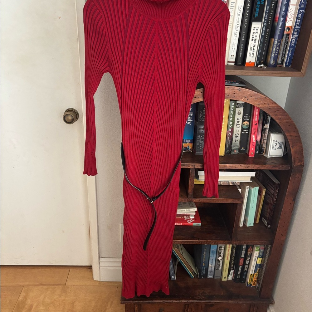 Karen Millen Red Ribbed Belted Bodycon Turtleneck Sweater Dress
